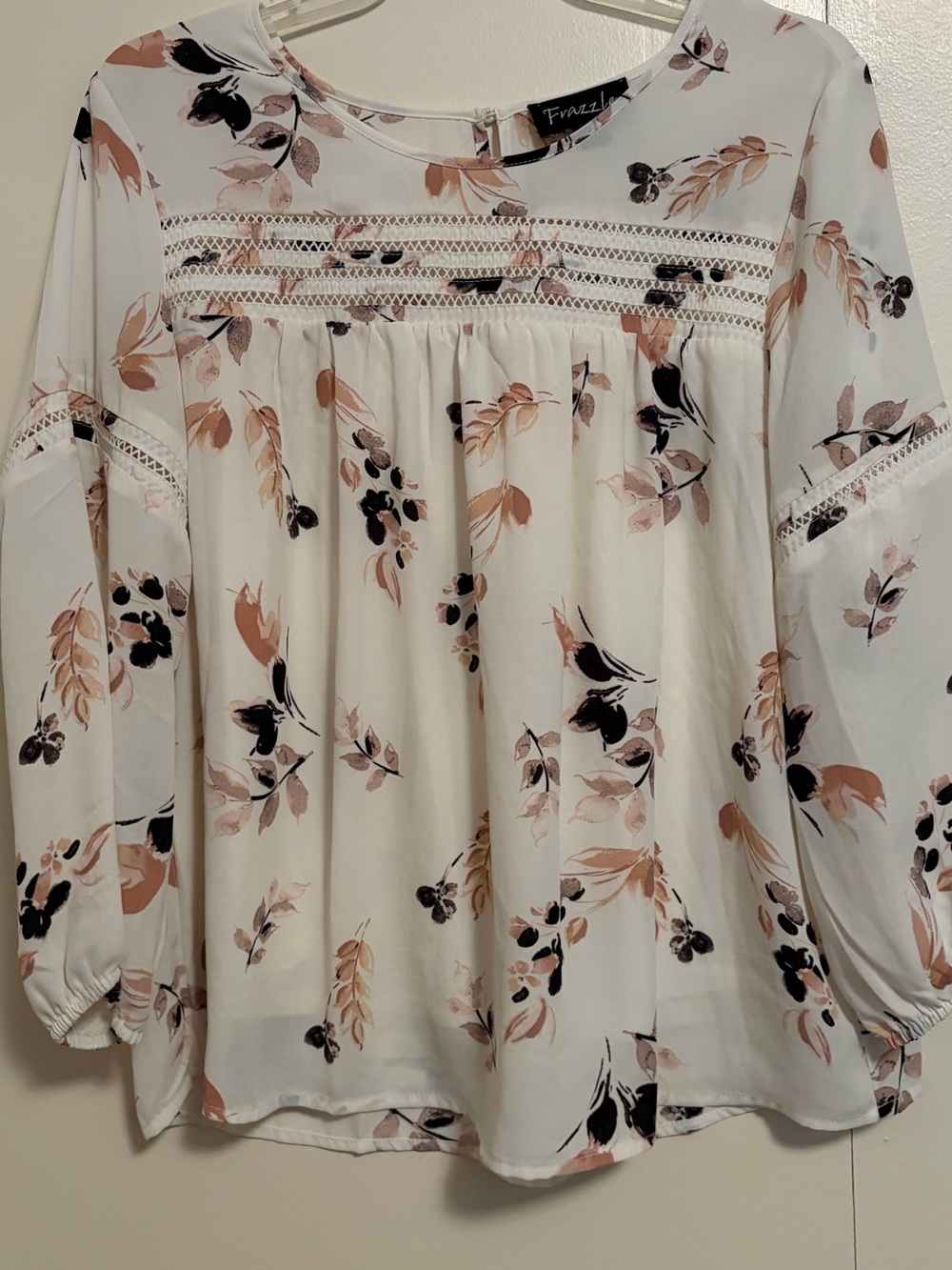Frazzle Cream Floral Lace-Yoke Blouse in Blush & Black
